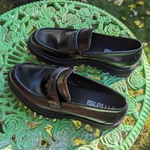 Chunky sole, black leather penny loafers from Intensi, men's size 11.5